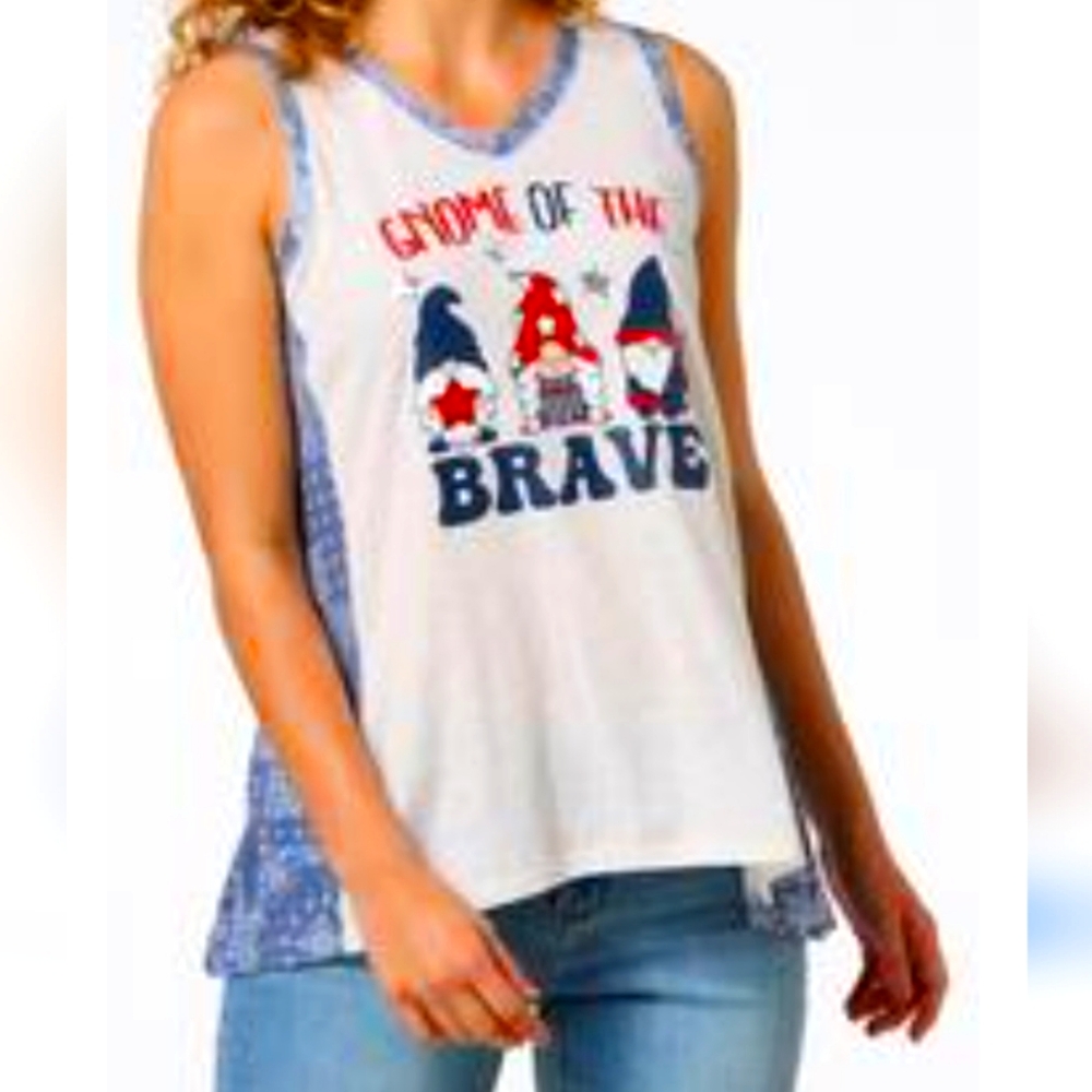 'Gnome of the Brave" Red White Blue Top NWT Sz L